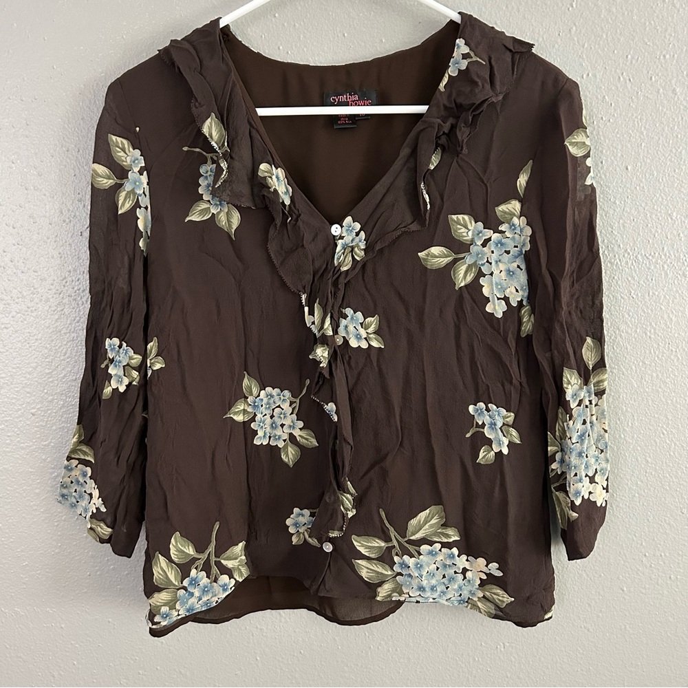 Cynthia Howie 100% Silk Chiffon Floral Ruffle Button Up Blouse Sz 10 Dogwood 90s